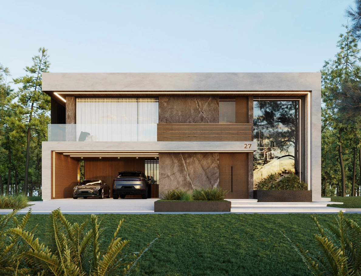 AD House arhitectură minimalistă – fațadă piatră și suprafețe vitrate