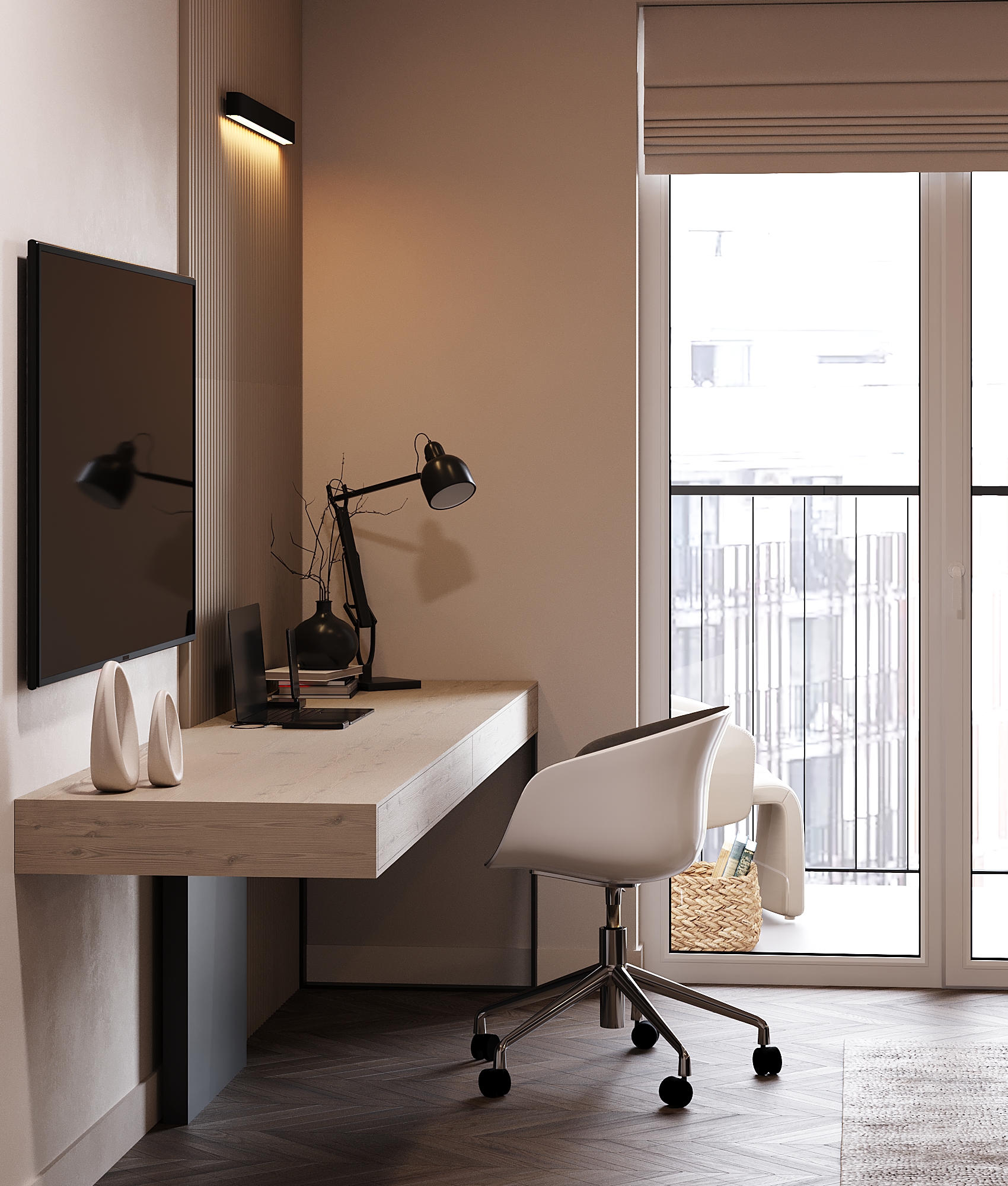 Dark Minimalist Apartment design interior – vedere finală living zi