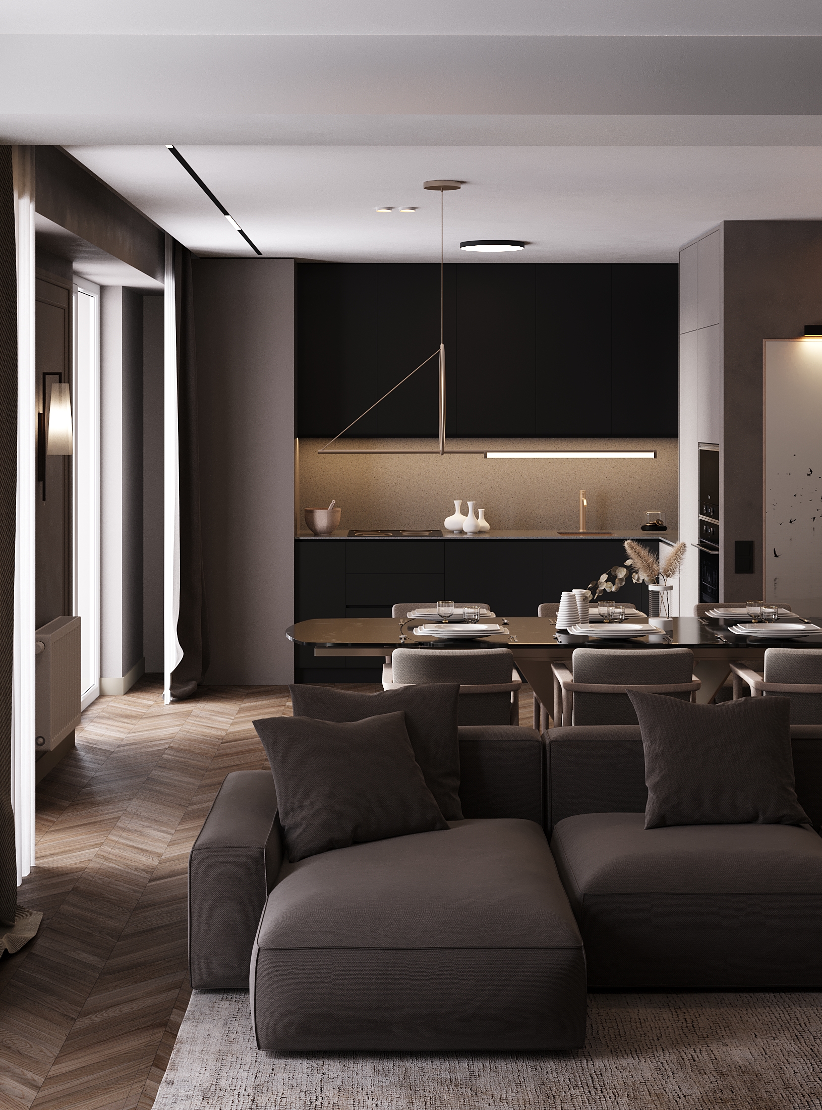 Dark Minimalist Apartment design interior – canapea antracit și parchet herringbone