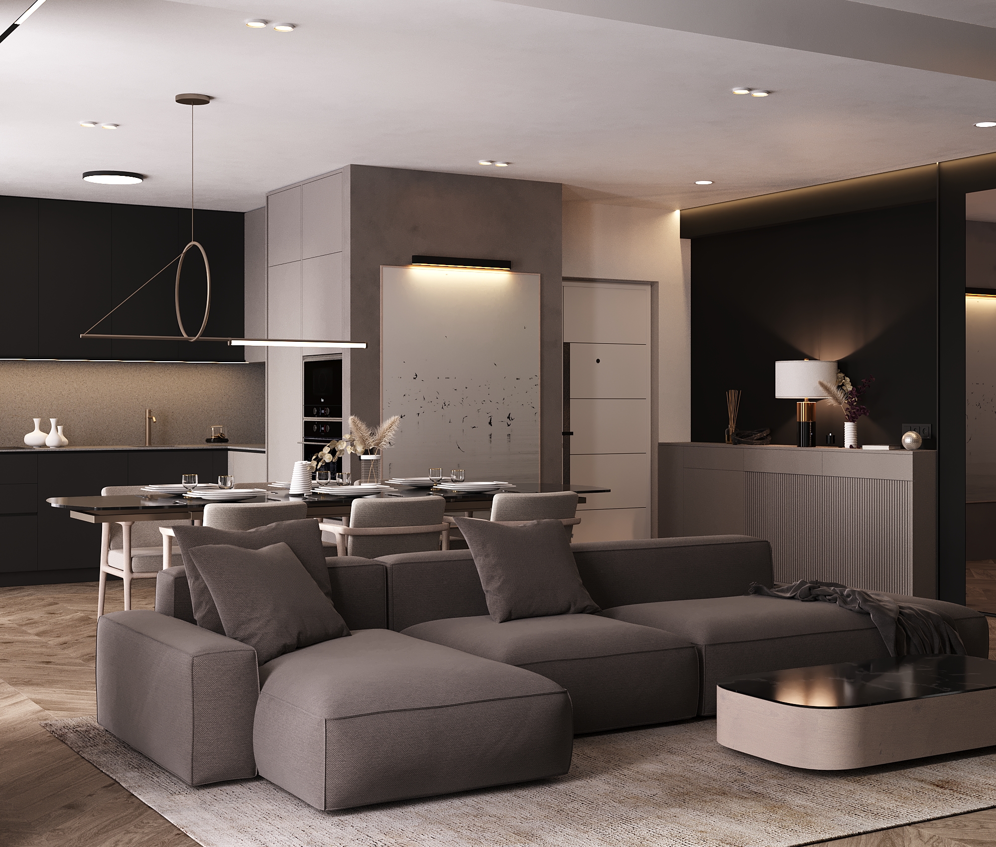 Dark Minimalist Apartment design interior – riflaj flute verde pastel perete