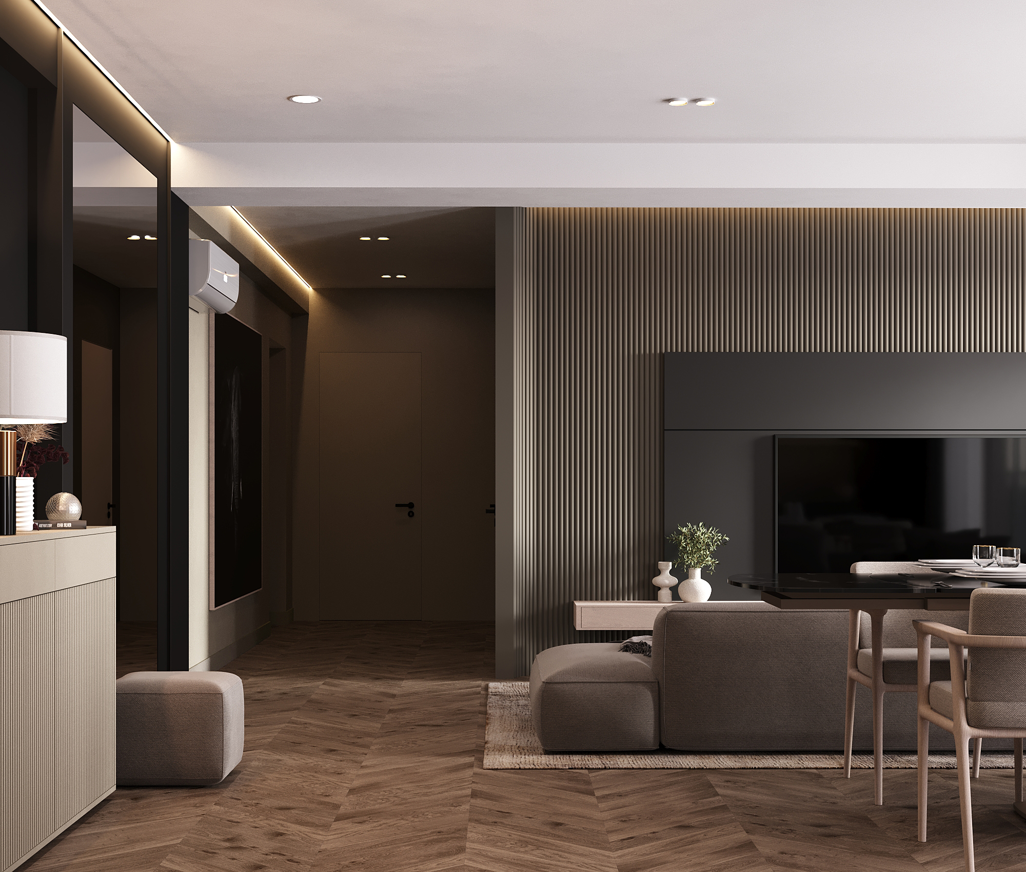 Dark Minimalist Apartment design interior – dormitor principal catifea