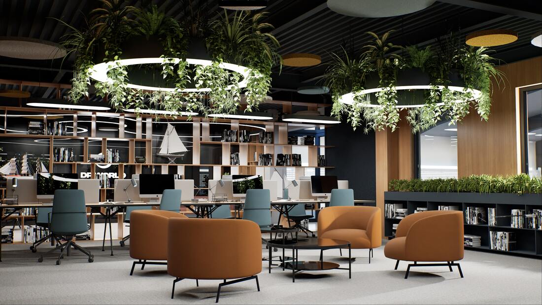 DP World Offices design interior – vegetație și reflexii sticlă