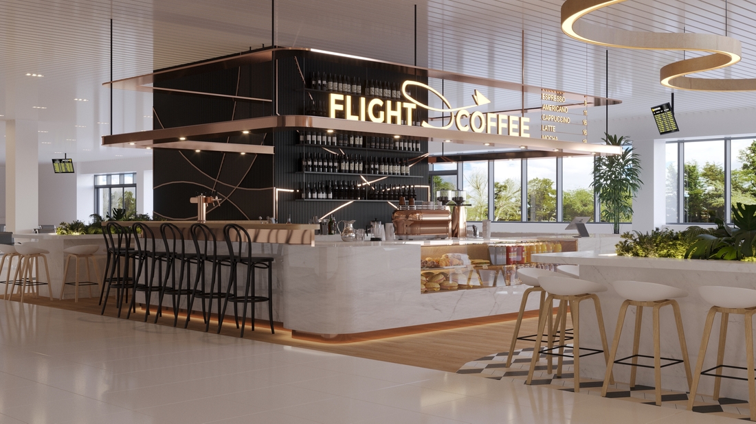 Flight Coffee Bistro design interior – linii dinamice inspirate din aviație