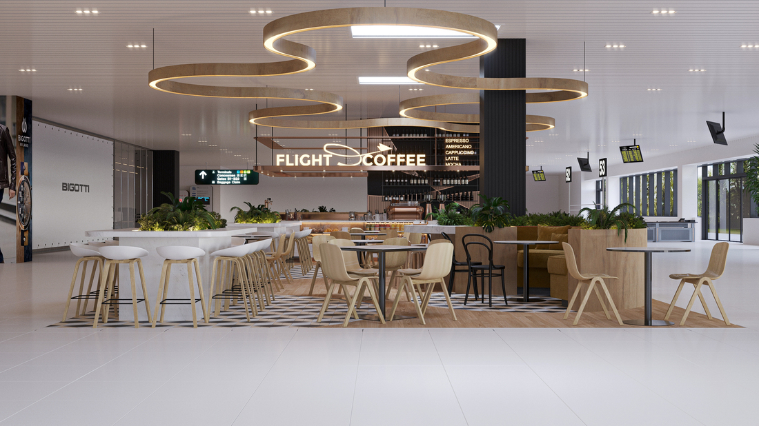 Flight Coffee Bistro design interior – vedere finală bistro aeroport