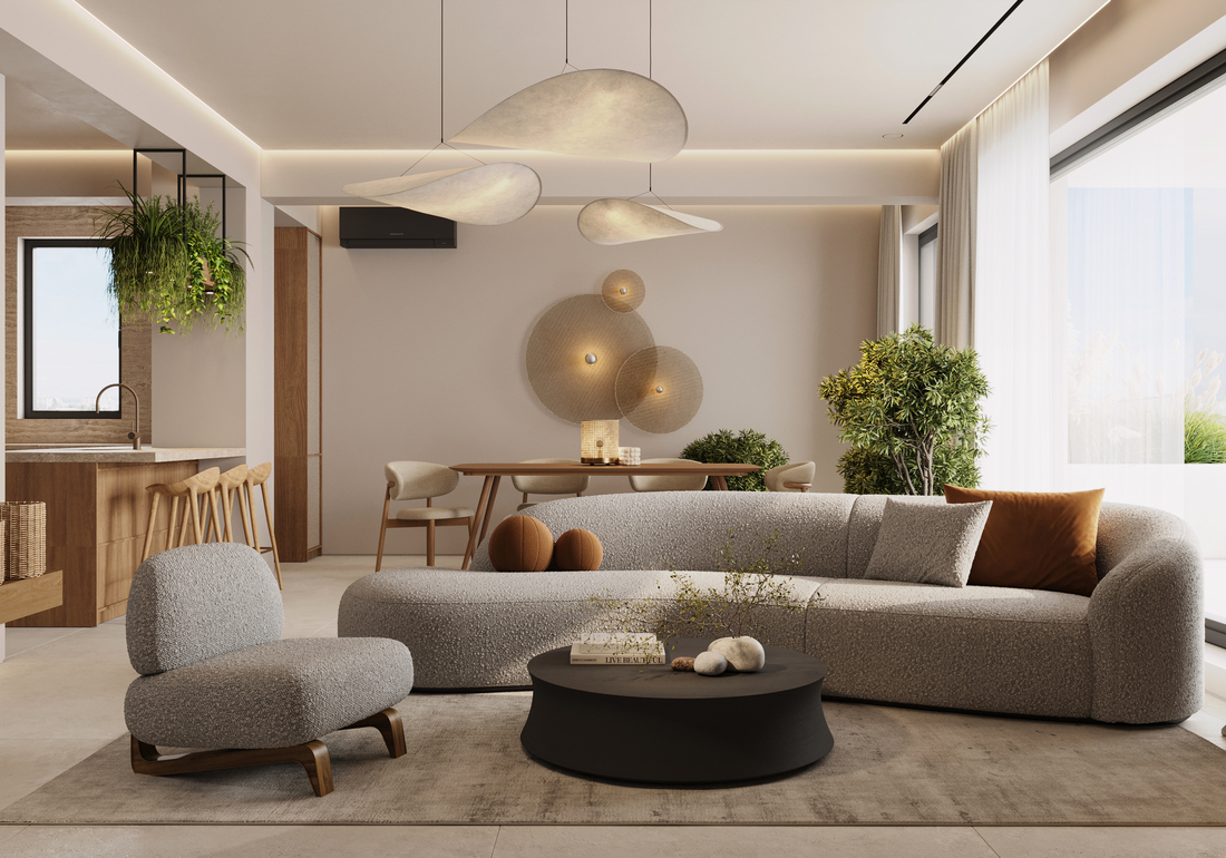 Wabi-Sabi Lake Penthouse design interior – materiale naturale brute