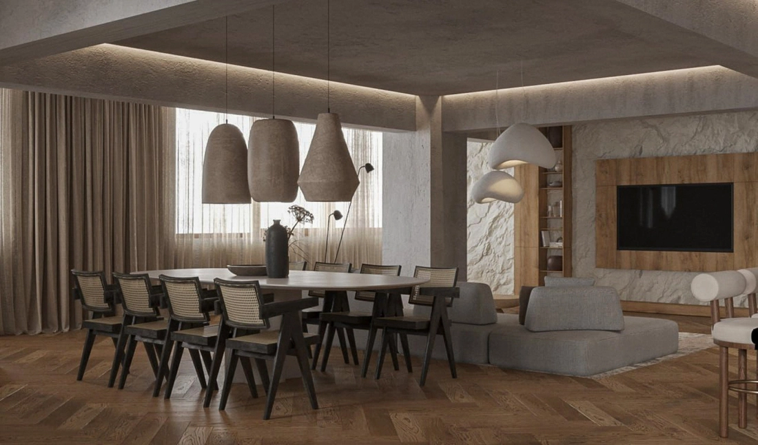 Wabi-Sabi Penthouse design interior – stâlpi și grinzi ca piese sculpturale
