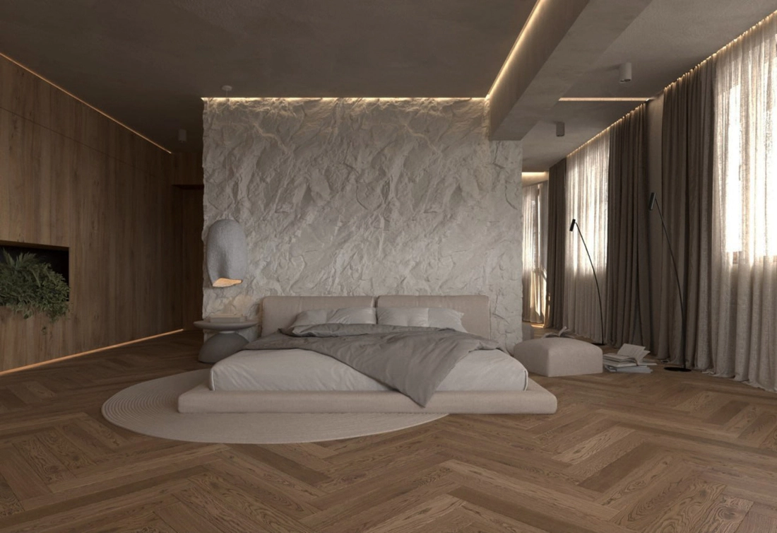 Wabi-Sabi Penthouse design interior – dormitor principal cu texturi contrastante